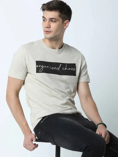 Men Beige & Black Printed Round Neck T-shirt