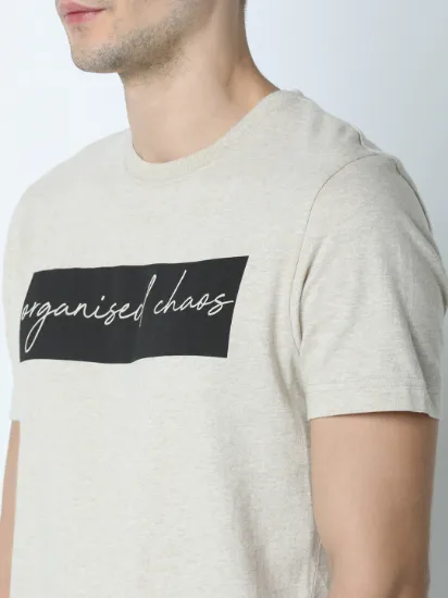 Men Beige & Black Printed Round Neck T-shirt
