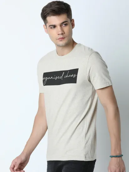 Men Beige & Black Printed Round Neck T-shirt
