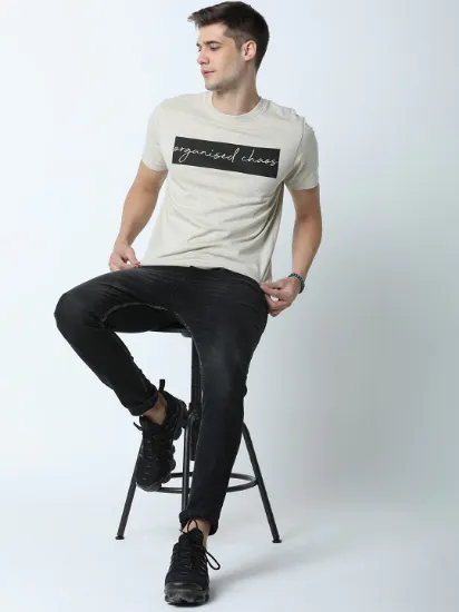 Men Beige & Black Printed Round Neck T-shirt