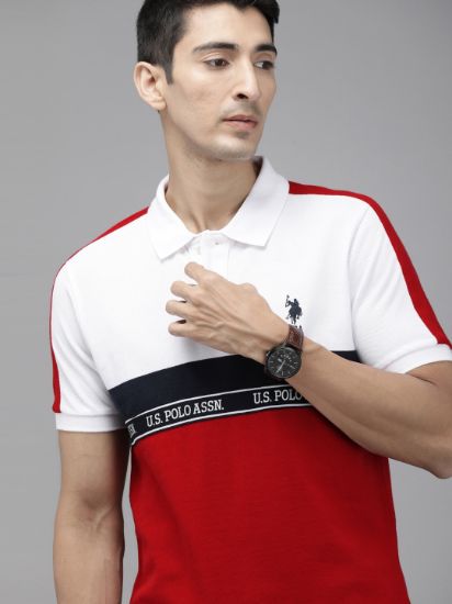 Men White Colourblocked Polo Collar Cotton T-shirt with Striped Detail