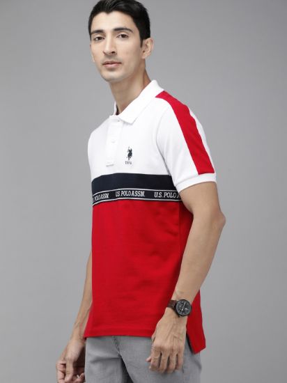Men White Colourblocked Polo Collar Cotton T-shirt with Striped Detail
