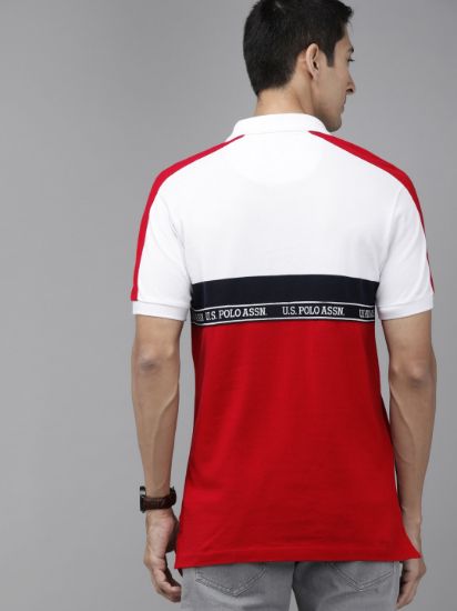 Men White Colourblocked Polo Collar Cotton T-shirt with Striped Detail