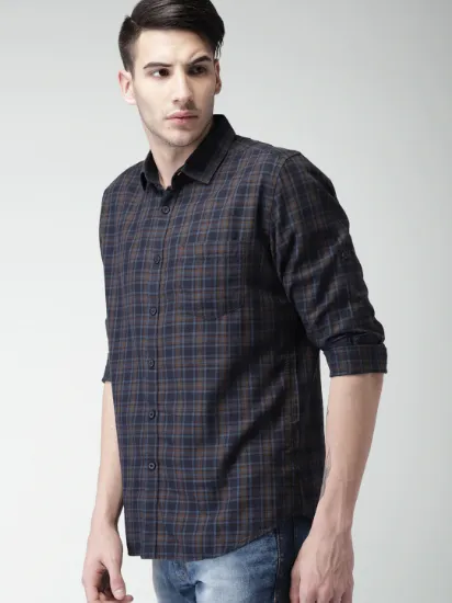 Men Navy & Brown Slim Fit Checked Casual Shirt