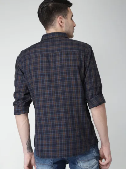 Men Navy & Brown Slim Fit Checked Casual Shirt