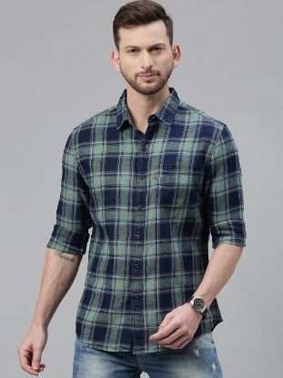 Men Green & Blue Slim Fit Checked Casual Shirt