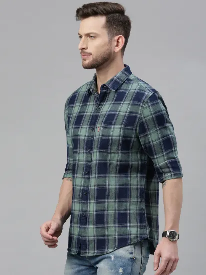Men Green & Blue Slim Fit Checked Casual Shirt