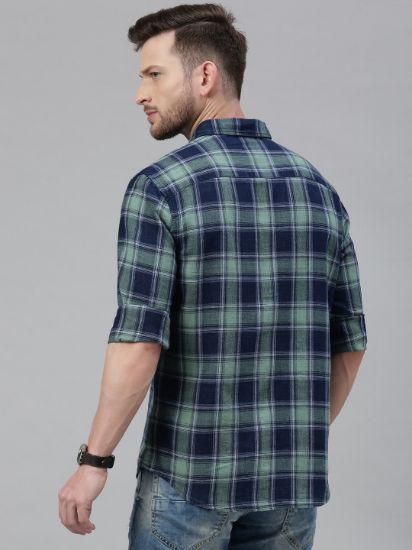 Men Green & Blue Slim Fit Checked Casual Shirt