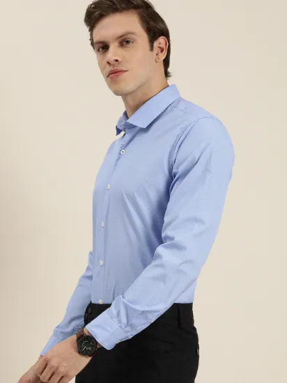 Men Blue & White Slim Fit Self Design Formal Shirt