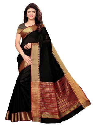 Black Silk Blend Solid Maheshwari Saree