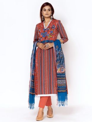 Brick Red Printed and Embroidered Viscose-Cotton Shalwar Kameez Set