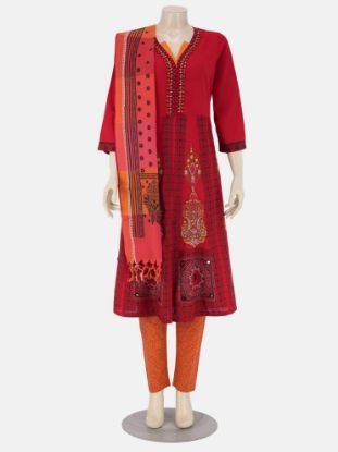 Red Printed and Embroidered Viscose Kameez Set