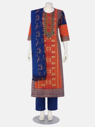 Orange Printed and Embroidered Cotton Shalwar Kameez Set
